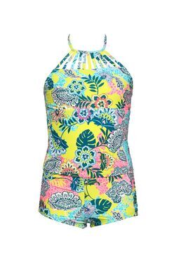 Hobie Girls High Neck Tankini Top Shirred Boy short Swimsuit Mult iVenice Vibes